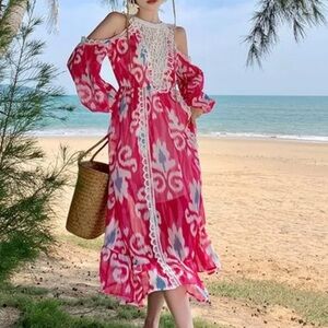 Louise James Maxi Dress Embroidered Key Hole sleeves Pink/White Sz S Barbiecore